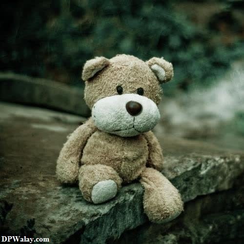 a teddy bear sitting on a rock 