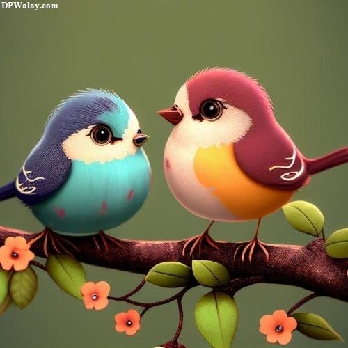 two birds sitting on a branch with flowers