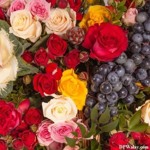 a bunch of flowers with red, yellow and white roses