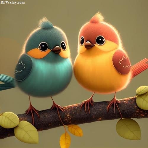 two birds sitting on a branch with leaves 