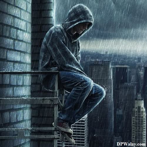 a man sitting on top of a building in the rain