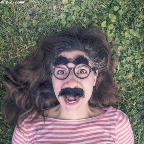 funny whatsapp dp - a woman with a fake mustache and glasses