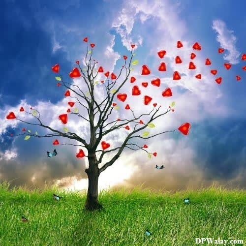 a tree with hearts flying in the sky