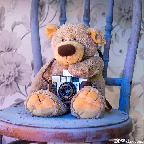 a teddy bear sitting on a chair with a camera