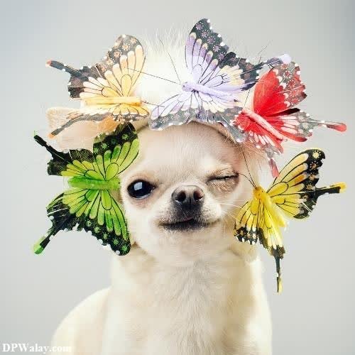 a small dog wearing a butterfly hat