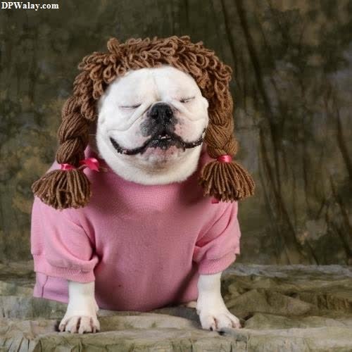 a dog wearing a wig and a sweater