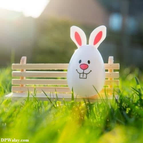 a white bunny sitting on top of a wooden bench