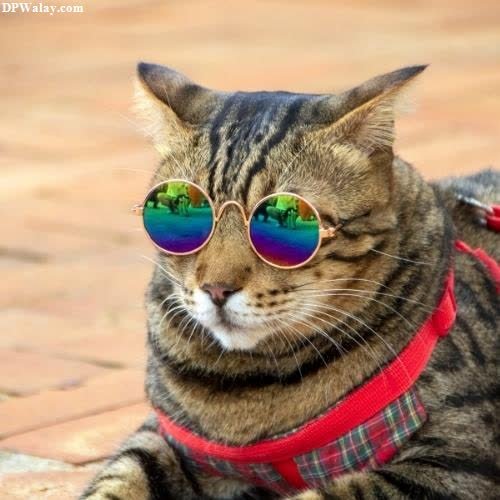 a cat wearing sunglasses and a red harness good dp 