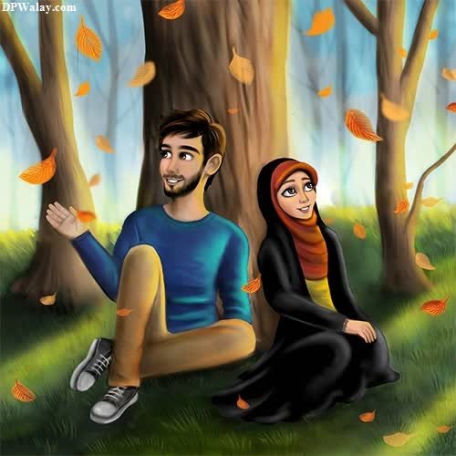 cool whatsapp dp - a couple sitting in the grass with leaves falling from their trees