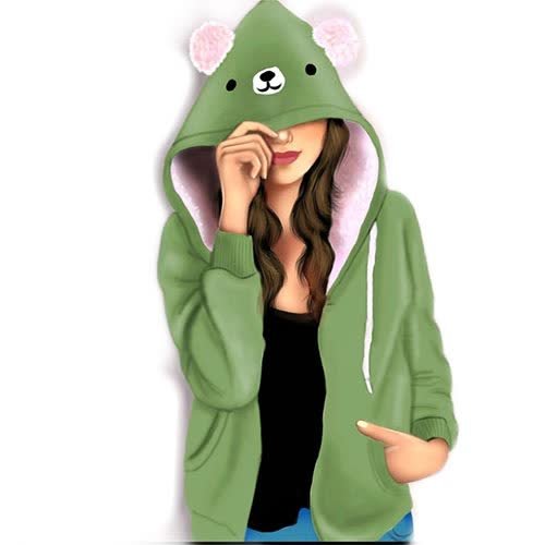 a woman wearing a green hoodie with a bear on it
