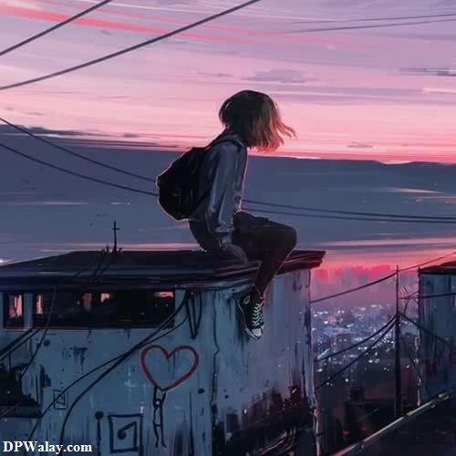 a girl sitting on top of a building looking out at the sunset
