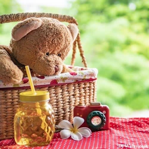 a teddy bear sitting in a basket with a drink sweet whatsapp dp 
