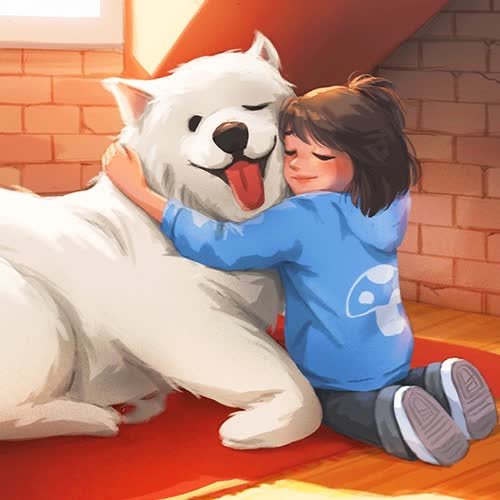 a little boy hugging a white dog