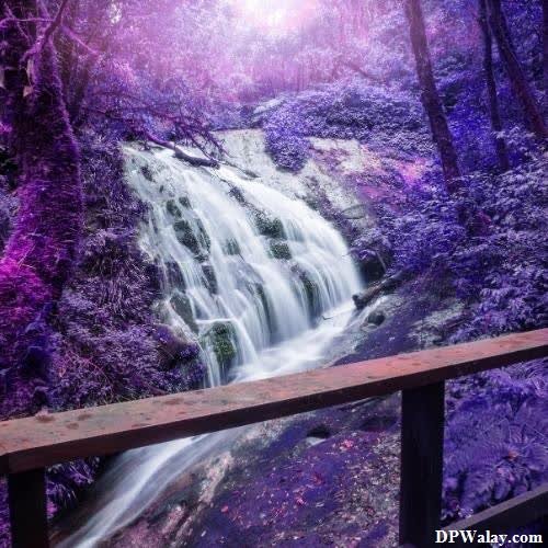 a waterfall in the woods with purple hues