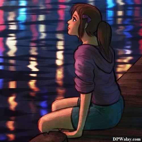 a girl sitting on a dock looking at the water images by DPwalay