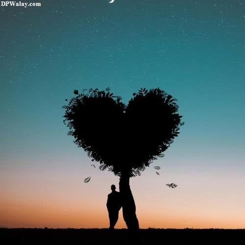 a silhouetted person holding a heart shaped tree with the sky in the background