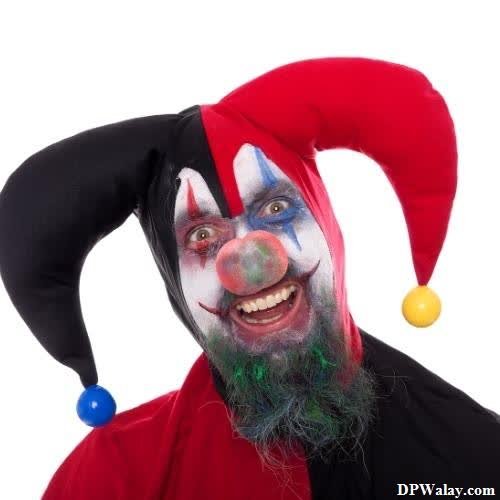 funny whatsapp dp - a clown with a red hat and a black suit