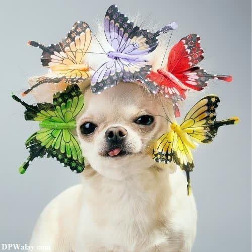 a chihuahua dog wearing a butterfly hat images by DPwalay