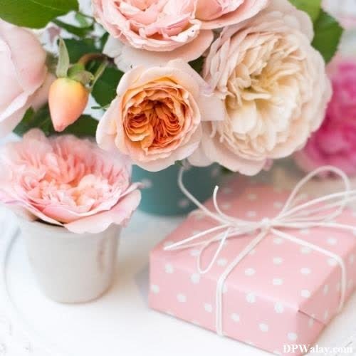 rose images dp - a vase filled with pink flowers and a pink gift