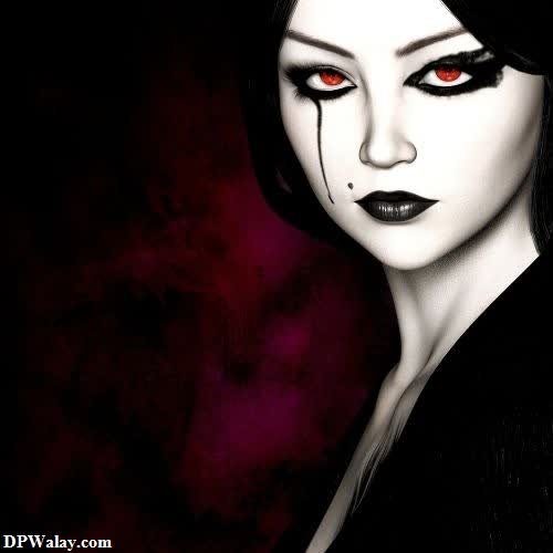 a woman with red eyes and black makeup