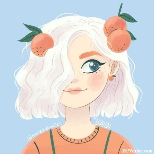 cartoon dp for whatsapp - a girl with white hair and a peach on her head