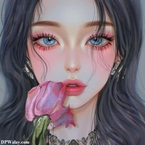 cartoon dp for whatsapp - a girl with long black hair and blue eyes holding a pink rose