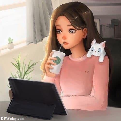 a girl sitting at a desk with a laptop and a cup