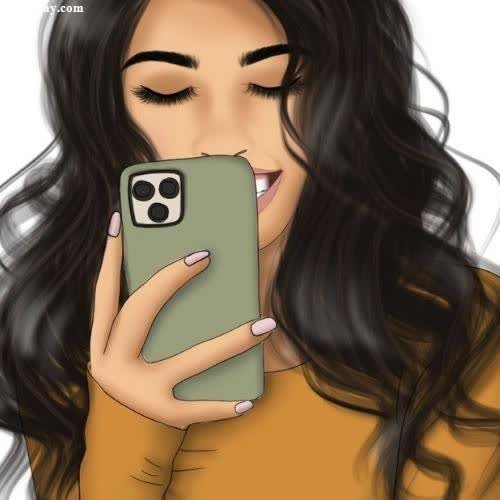 a girl with long hair and brown sweater holding a phone