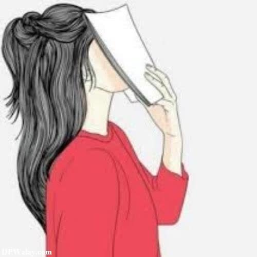 a girl with long hair and a red shirt is looking at a paper