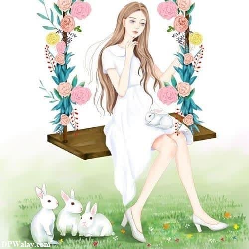 a girl sitting on a swing with a rabbit