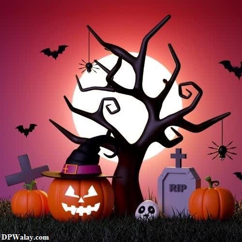halloween night with pumpkins and bats