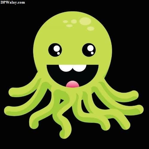 cartoon dp for whatsapp - a green octopus with a pink tongue and a black background
