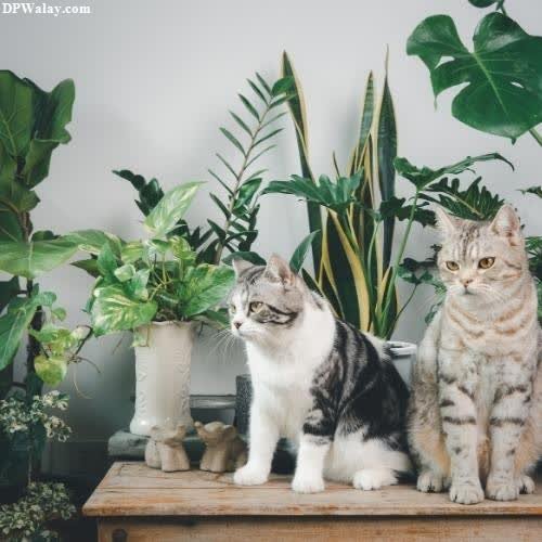 two cats sitting on a table next to plants