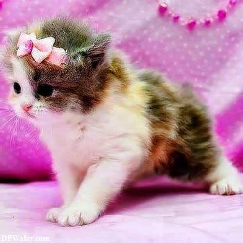 a small kitten with a pink bow on its head 