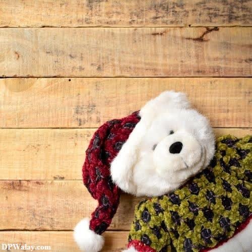 a stuffed bear wearing a scarf and hat