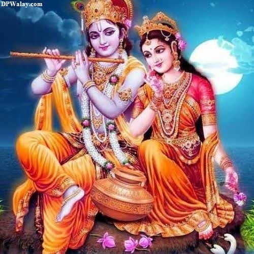 lord person and goddess sitting on a rock in the moonlight cute krishna dp for whatsapp