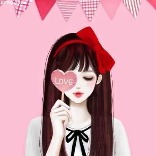 a girl with long hair and a red bow holding a heart cute whatsapp dp cartoon