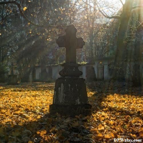a cemetery with leaves on the ground