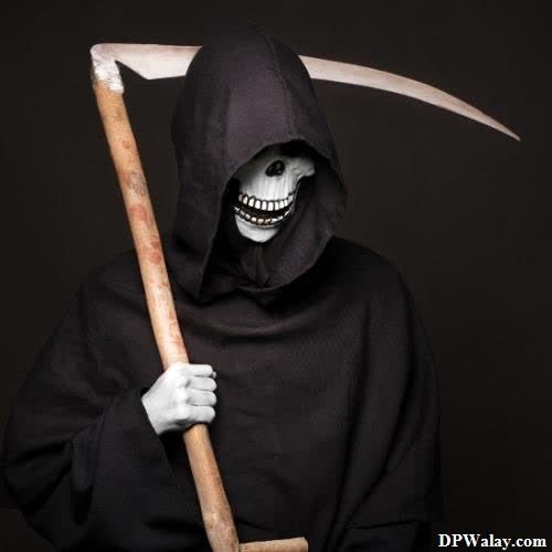 death dp for whatsapp - a man in a black hood and a white mask holding a large axe