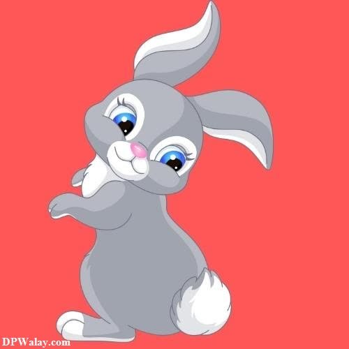 a cartoon rabbit with blue eyes and a pink background