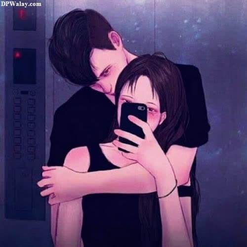 a couple hugging in front of a phone