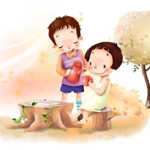 a boy and girl sitting on a tree stump