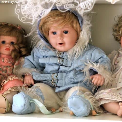 three dolls sitting on top of a shelf