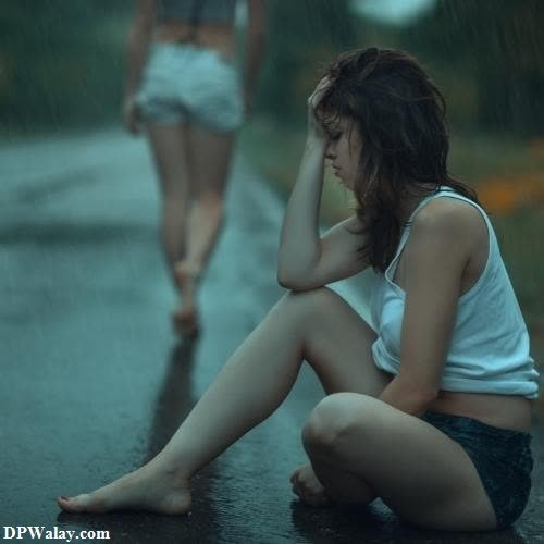 girls dp - a woman sitting on the ground in the rain