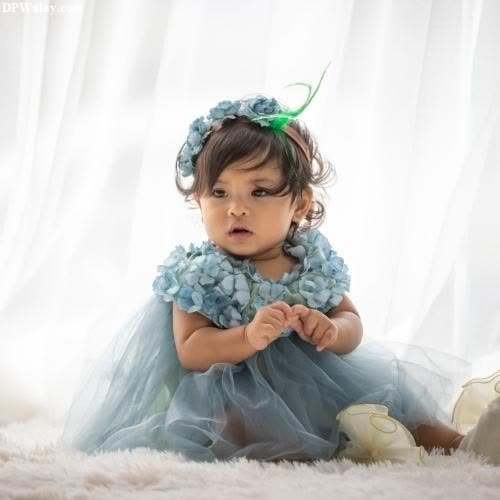 a baby girl wearing a blue dress and a flower crown