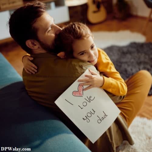 a man and a child sitting on a couch holding a sign that says i love you dp mom dad
