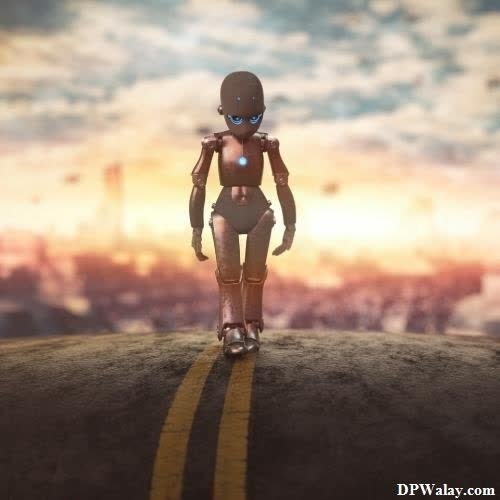 a robot walking down a road with the sun setting in the background