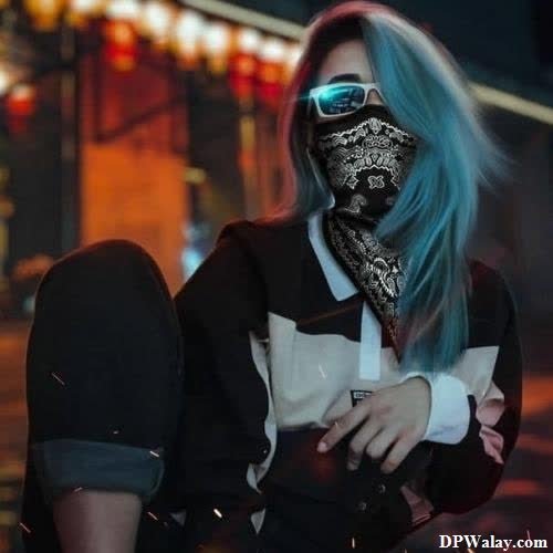 a woman with blue hair and a mask girls dp photo 