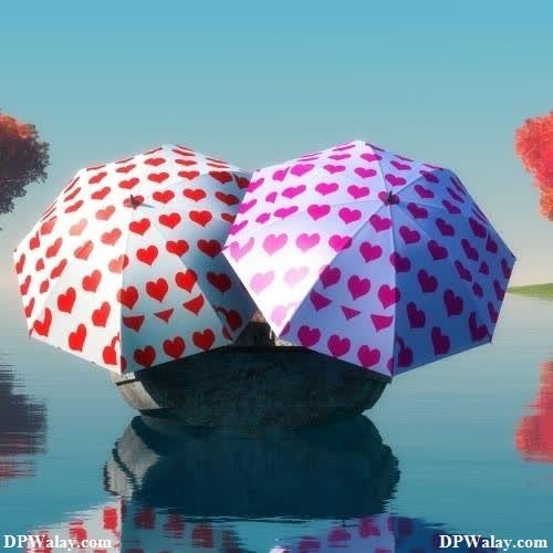two umbrellas with hearts on them sitting in the water