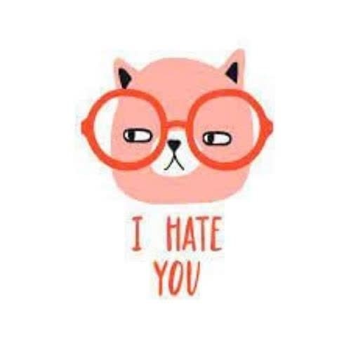 a pink cat with glasses and the words i hate you